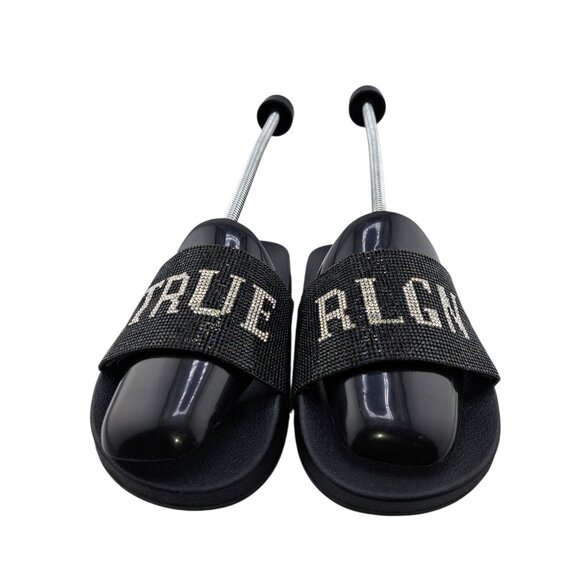 True Religion Womens Black Rhinestone Logo Slides Sandals 8 Casual Comfort - Picture 1 of 7